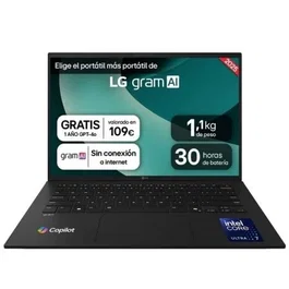LG Portátil Gram 14ZD90T-G.AX88B Intel Core Ultra 7-255H 32GB RAM 1TB SSD 14" IPS WUXGA 1.12Kg Hasta 30h Negro Sin Sistema Operativo
